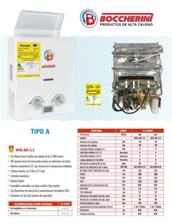 Calentador De Paso a Gas Tiro Natural 5,5 Litros