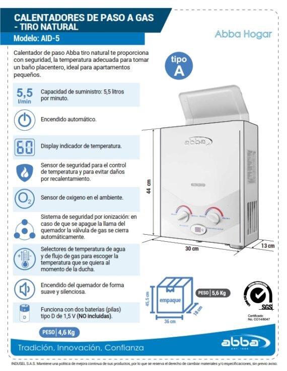 Calentador De Tiro Natural A Gas 5 Litros